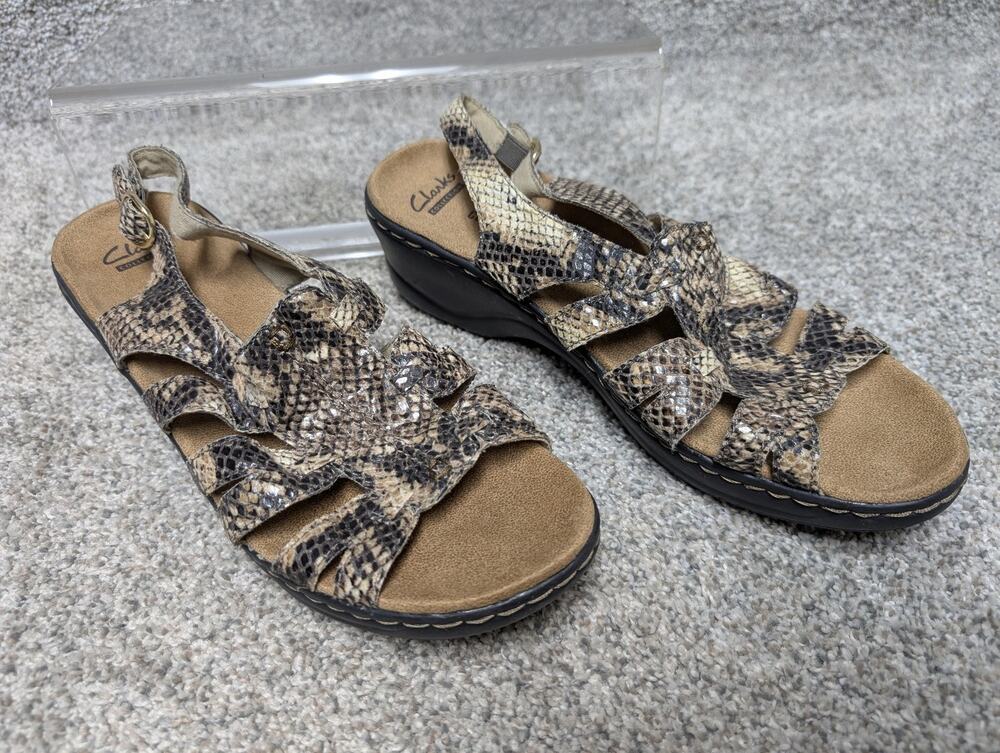 Clarks Lexi Marigold Q Sandals Womens Size 9M Beige Snake Print Wedge Comfort